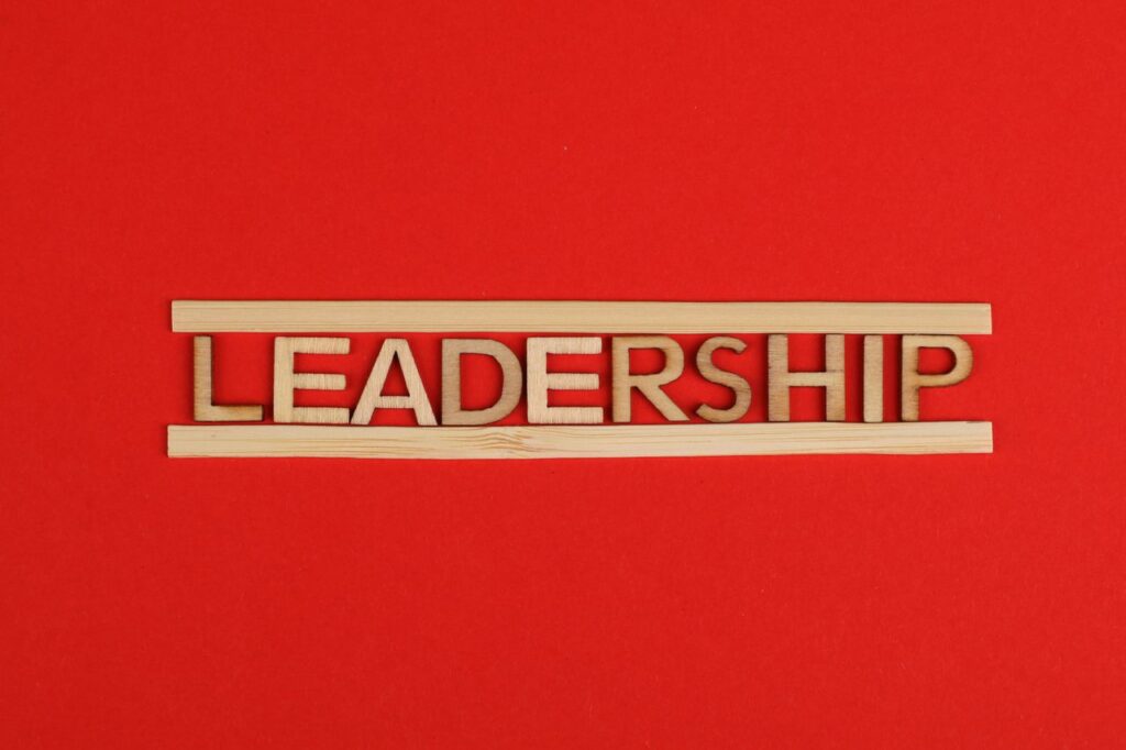 Wooden letters spelling leadership on a vibrant red background, conveying bold concepts.